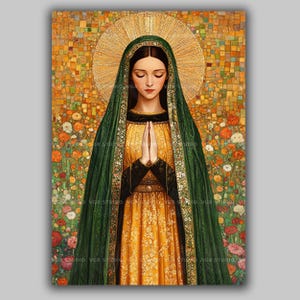 Saint Brigid Celtic Patron of Hearth Fire Poetry Spring Mosaic Halo Floral Robe Icon Christian Devotional Blessing Home Wall Art Print AK35