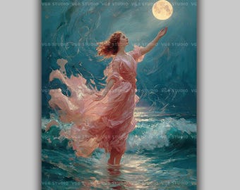 Aphrodite Goddess of Love Wall Art Print, Venus Greek Mythology Ocean Moon Decor, Divine Feminine Beauty, Romantic Coastal Altar Gift AG52