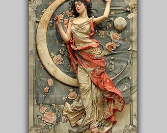 Selene Luna Moon Goddess Wall Art Print, Art Nouveau Celestial Feminine Poster, Crescent Moon Painting, Mystical Inspirational Artwork R46