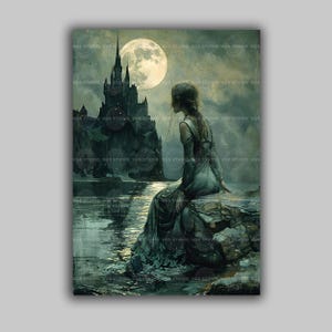 Full Moon Castle Wall Art Print, Dark Academia Poster, Victorian Goth, Moody Home Decor, Fantasy Gifts, Spooky Aesthetic, Medieval Lady M58 image 1
