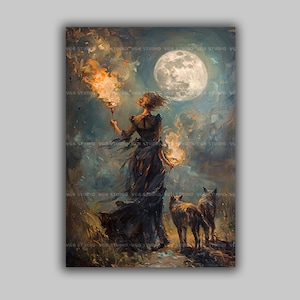 Hecate Night Goddess Print, Hekate Full Moon Holding Torches With Wolves, Witchy Artwork Pagan Esoteric Art, Celestial Artwork Wicca L92