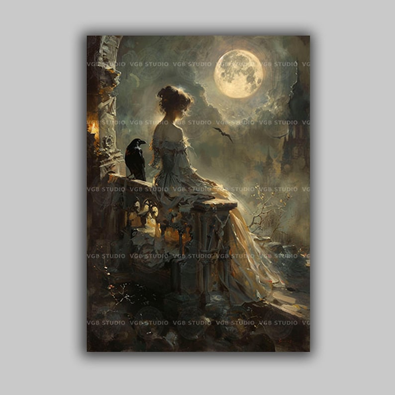 Viktorianische Frau als Kunstdruck, Rabe auf Burgruinen, Vollmond-Wanddeko im Stil der Skurrilität, Gemälde mit dunkler Romantik und Krähe, Stimmungsposter L94 Bild 1