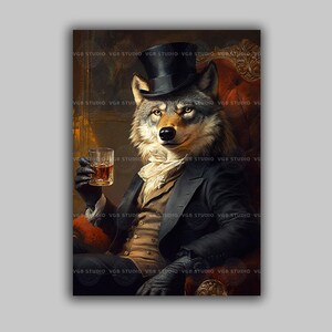 Impressão artística de lobo vitoriano de cartola, retrato lúdico de animal de cartola com copo de uísque, obra de arte em estilo vintage para decoração de parede de cavalheiro t86