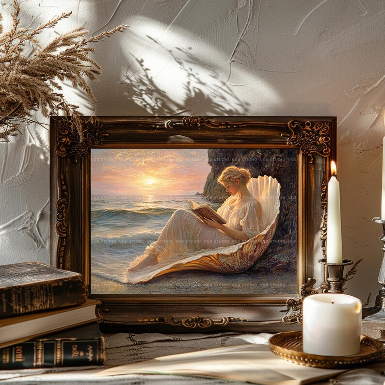 Aphrodite Reading Book Birth of Venus Myth Art, Sea Shore Greek Goddess ...
