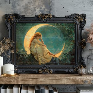 Woman on Crescent Moon Art Print | Celestial Fantasy Wall Decor | Stars Night Sky Dreamy Romantic Victorian Classical Ethereal Painting M75 image 8