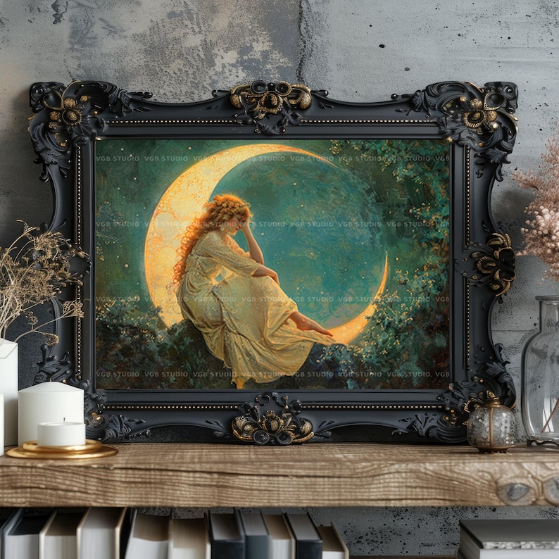 Woman on Crescent Moon Art Print | Celestial Fantasy Wall Decor | Stars Night Sky Dreamy Romantic Victorian Classical Ethereal Painting M75 image 8