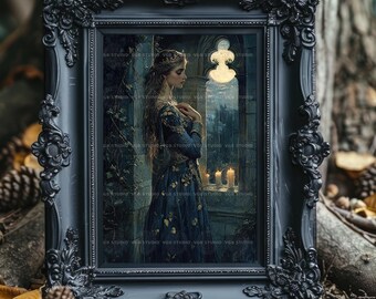 Guinevere Wall Art Print, Queen of Camelot in Moonlit Castle