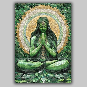 May include: A mosaic artwork depicting a seated figure in a meditative pose. The figure is rendered in shades of green, with hands clasped in prayer. A golden halo surrounds the figure's head, and the background is a mosaic of green and gold tiles.