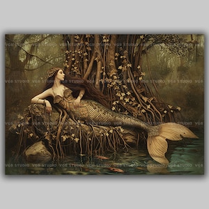 Mermaid Wall Art Print, Dark Forest Siren Painting, Gothic Lake Mermaid, Mythical Water Nymph Vintage Fantasy Decor, Horizontal Wall Art L89