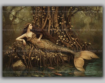 Meerjungfrauenwald-Wandbild, Efeuwurzel-Fluss-Sirenen-Poster, Gothic-Wohndekoration, Wassernymphen-Gemälde, Mythisches Wesen, Dark Cottagecore L89