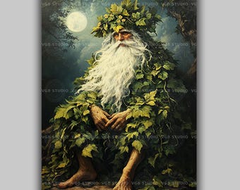 Green Man Art Print Druid Forest Guardian Pagan Nature Wall Art Celtic Mythology Old God Leaf Cloak Woodland Spirit Sacred Cernunnos aa56