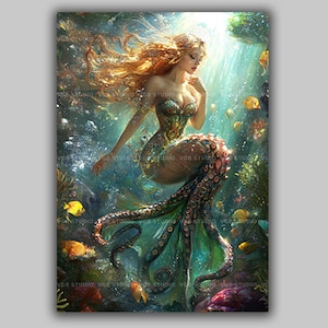 Octopus Mermaid with Tentacles Art Print Fantasy with  Underwater Siren Surreal Sea Goddess Ocean Creature Fantasy Wall Decor with Fish AE06