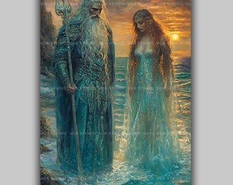 Manannan Mac Lir and Fand Art Print, Irish Mythology, Celtic Sea God, Ocean Goddess, Celtic Wall Art Z41