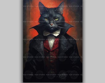 吸血鬼の子猫：水彩画による黒猫のファインアートプリント - Etsy 日本