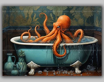 Octopus in Bathtub Wall Art Print Whimsical Nautical Bathroom Decor with Vintage Style Funny Sea Creature Illustration for Ocean Lovers D60