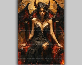 Lilith Dark Goddess of Night Rebellion and Feminine Power Wall Art Print, Gothic Fantasy Occult Feminine Portrait Black Red Demon Queen  L04