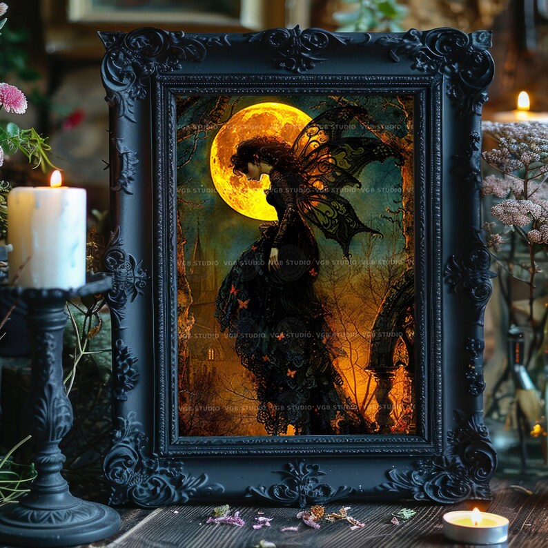 Gothic Fairy Art Print, Victorian Fae in Black Lace Under Harvest Moon, Church Spire and Copper Butterflies, Whimsigoth Halloween Decor q94 image 4