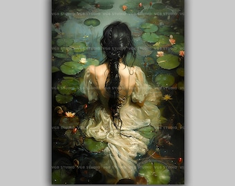 Ophelia Art Print Water Lily Woman Gothic Wall Decor Shakespeare Painting Dark Romantic Feminine Fantasy Art Gothic Tragic Beauty Pond r42