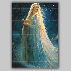 Lady of the Lake Wall Art, Enchanted Sorceress in Blue Gown with Magic Book, Arthurian Fantasy Print, Celestial Witch Home Decor Gift z91 image 1