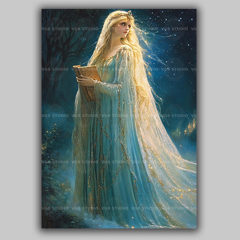Lady of the Lake Wall Art, Enchanted Sorceress in Blue Gown with Magic Book, Arthurian Fantasy Print, Celestial Witch Home Decor Gift z91 image 1