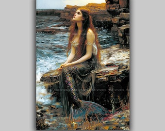 Romantic Mermaid Sitting on Seaside Rocks at Sunset Vintage Ocean Fantasy Painting Nautical Wall Art Print for Coastal Bedroom Decor L46