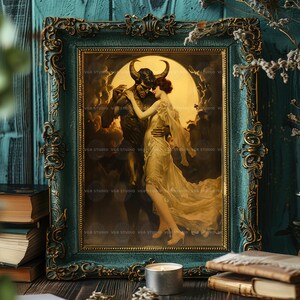 Impresión artística de fantasía oscura de demonio y mujer, romance gótico, mitología surrealista, obra de arte, luna encantada, baile nocturno, amantes del ocultismo, decoración de pared D25A imagen 6