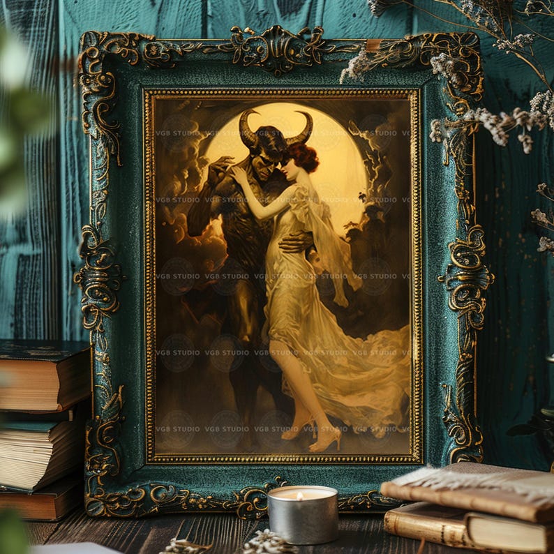 Impresión artística de fantasía oscura de demonio y mujer, romance gótico, mitología surrealista, obra de arte, luna encantada, baile nocturno, amantes del ocultismo, decoración de pared D25A imagen 6