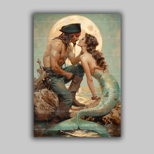 Mermaid Pirate Baroque Style Painting,  Classical Love Story Siren Sailor Print, Dark Academia, Moonlit Romantic Artwork, Nautical Art M41