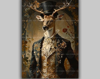 8x10 PRINT - Deer Man, Dark Trees, Leaf Framing, Art Illustration