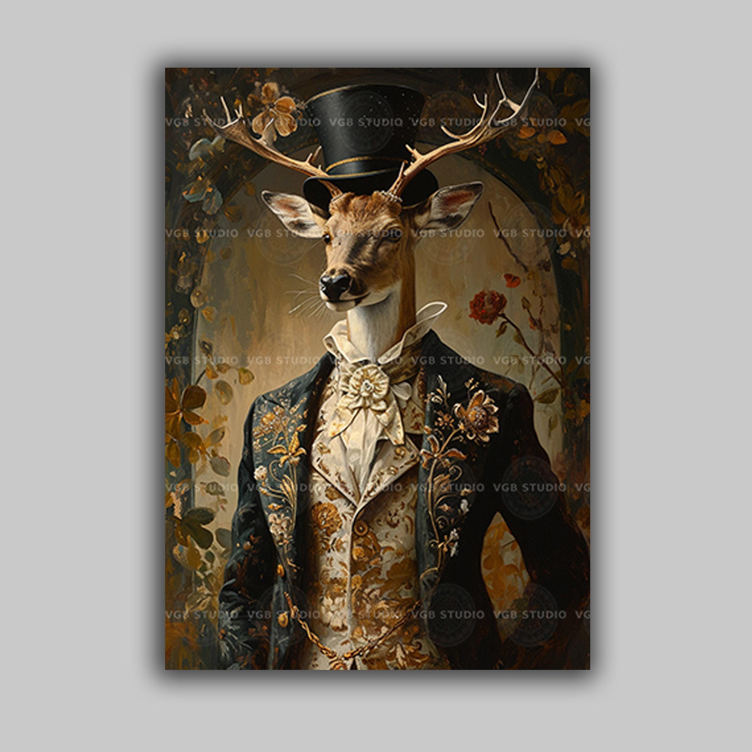 Stag Gentleman Art Print, Baroque Deer in Top Hat and Gold Brocade