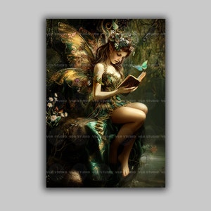 Fairy Reading Enchanted Magical Forest River, Irish Myth Fantasy Art Whimsical Poster Print, Wall Decor, Mythical Winged Woman Art, r31