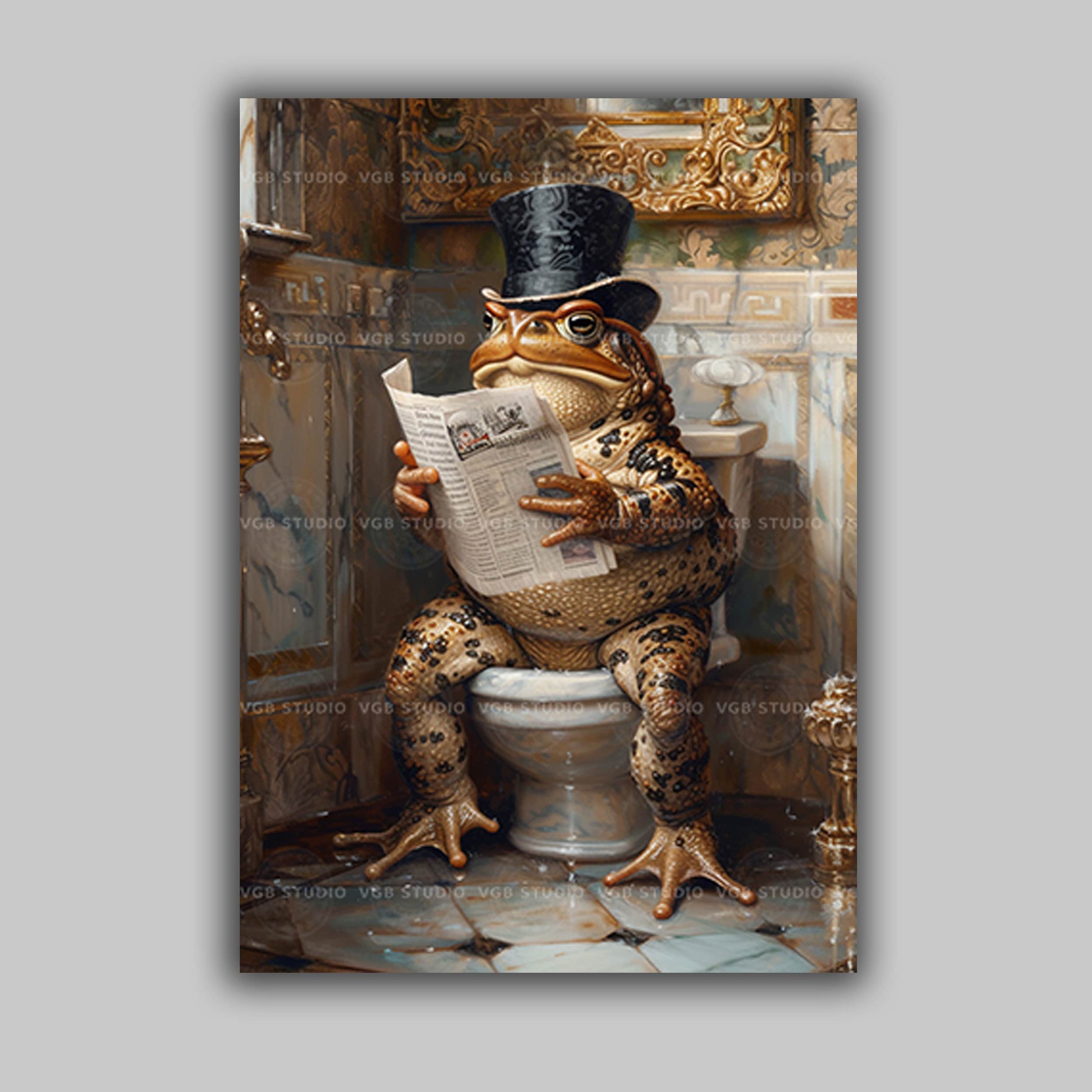 Frog Toad Gentleman Reading Newspaper on Royal Toilet Whimsical Fine Art Giclee Baroque Painting Wall Art Poster Watercolor L30