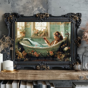 Mermaid Reading in Floral Bathtub Wall Art Print Vintage Bathroom Decor, Cottagecore Fantasy Book Lover Gift Whimsical Siren Horizontal y81 image 8