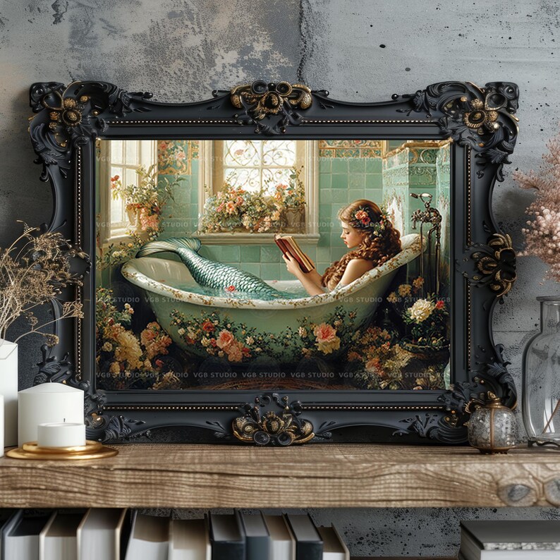 Mermaid Reading in Floral Bathtub Wall Art Print Vintage Bathroom Decor, Cottagecore Fantasy Book Lover Gift Whimsical Siren Horizontal y81 image 8