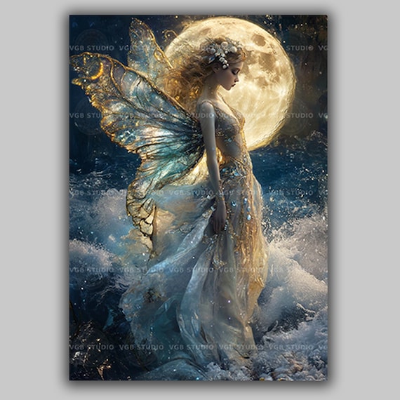Moonlight Fairy Art Print Ocean Fantasy Wall Decor Celestial Sea