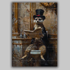 Victorian Meerkat Bathroom Decor Wall Art Print Funny Animal Illustration Top Hat Reading Newspaper Whimsical Vintage Scene Decor AD94