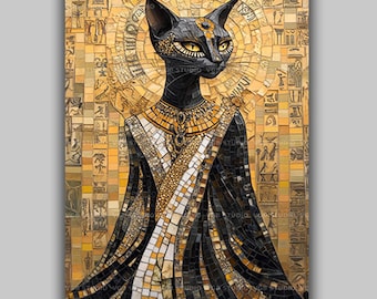 パピルス画 額装 猫の女神バステト 家庭の守護神 厄除け　【額縁込】 バステトのパピルス絵画 – エジプトの猫の女神の芸術、手描きの象形