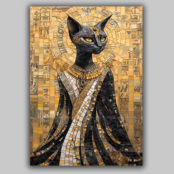 Bastet Egyptian Cat Goddess Art Print, Art Deco Mosaic in