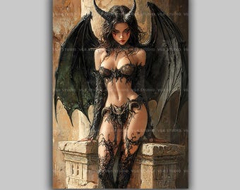 リリスのウォールアートプリント、翼のある悪魔の女性、ダークでフェミニンな装飾、ゴシックな女性の肖像画、魔術、オカルト美学、角のある女神 s77
