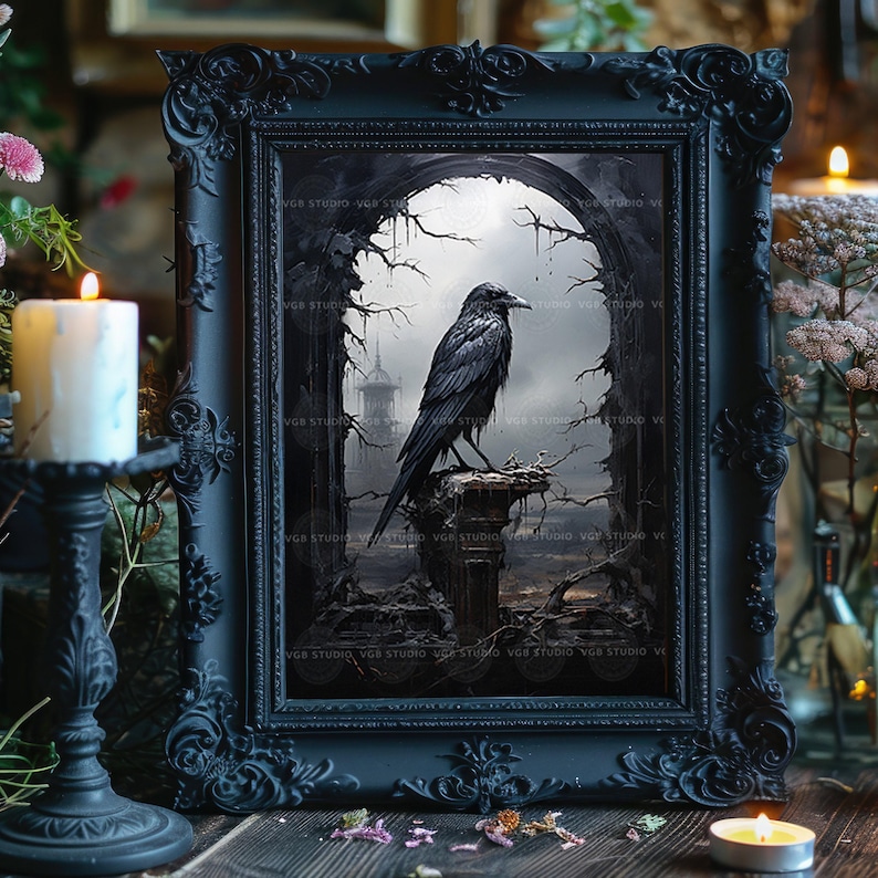 Gothic Raven Art Print, Dark Fantasy Crow in Ruined Archway, Edgar ...