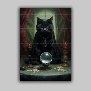 Black Cat Oracle Blue Crystal Ball Clairvoyant Wicka Halloween Feline Art, Witchy Baroque Poster, Gothic Victorian Wicca Whimsical, G77b