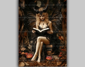 Gothic Fairy Mushroom Art Print, Book Lover Gift, Dark Academia, Whimsigoth, Fantasy Poster, Occult Aesthetic, Witch Enchanted Forest T27