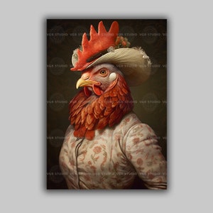 Victorian Chicken Art Print Whimsical Hen Portrait Dressed Chicken Bird Wall Decor Funny Farmhouse Art Vintage Gift Cottagecore Home f27