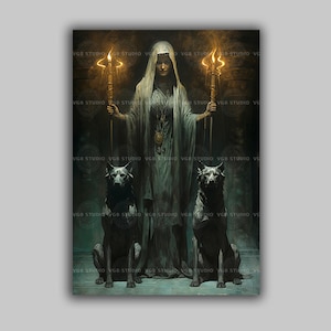 Hecate Greek Goddess of Witchcraft and Magic Art Print Pagan Altar Decor Moon Goddess with Dogs Underworld Deity Witch Wall Art H18