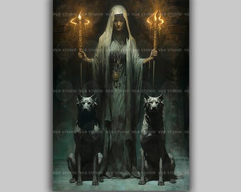 Hecate Wall Art Print, Hekate Greek Goddess of Magic and Witchcraft, Twin Torch Pagan Decor, Witchy Wall Decor, Dark Academia Mythology H18