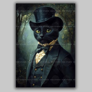 Dapper Black Cat Fine Art Print, Victoriaanse kat met hoge hoed, grillig dierenportret, elegante kattenkunst, mooie katachtige muurdecoratie schilderij w74