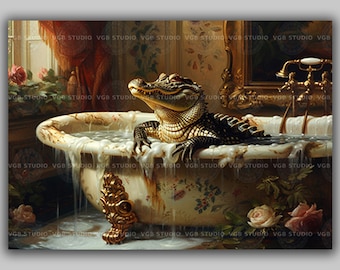 Alligator Taking a Bath in Victorian Bathtub, Crocodile Baroque Poster, Reptile Poster Print, Dark Academia, Bathroom Art Painting p79