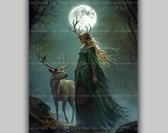 Elen of the Ways Celtic Deer Antlered Goddess of the Forest Art Print, Guardian of Wild Paths, Mystical Pagan Decor, Wiccan Druid Magic AD35