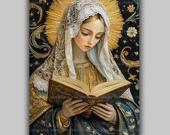 Virgin Mary Reading Wall Art Print, Catholic Decor, Christian Mosaic, Book Lover Gift, Religious Iconography, Divine Feminine AP07