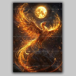Phoenix Fantasy Art Print Mythical Fire Bird Rising Golden Moon Celestial Flames Rebirth Eternal Renewal Mystical Creature Wall Decor AK05
